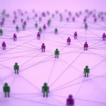Visualizzazione concettuale di due ondate epidemiche che si propagano attraverso una rete stilizzata di persone interconnesse, la prima ondata lascia alcuni nodi 'immuni' (diversi colori) influenzando la propagazione della seconda. Stile fotorealistico, profondità di campo, colori duotone viola e verde, obiettivo 35mm.