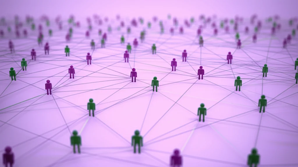 Visualizzazione concettuale di due ondate epidemiche che si propagano attraverso una rete stilizzata di persone interconnesse, la prima ondata lascia alcuni nodi 'immuni' (diversi colori) influenzando la propagazione della seconda. Stile fotorealistico, profondità di campo, colori duotone viola e verde, obiettivo 35mm.