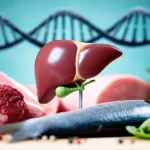 Composizione still life: un modello anatomico stilizzato di fegato umano al centro, circondato da un lato da carni rosse e processate e dall'altro da pesce azzurro e verdure fresche; una doppia elica del DNA sfocata sullo sfondo. Lente macro 60mm, illuminazione drammatica controllata, alta definizione, messa a fuoco selettiva sul fegato.