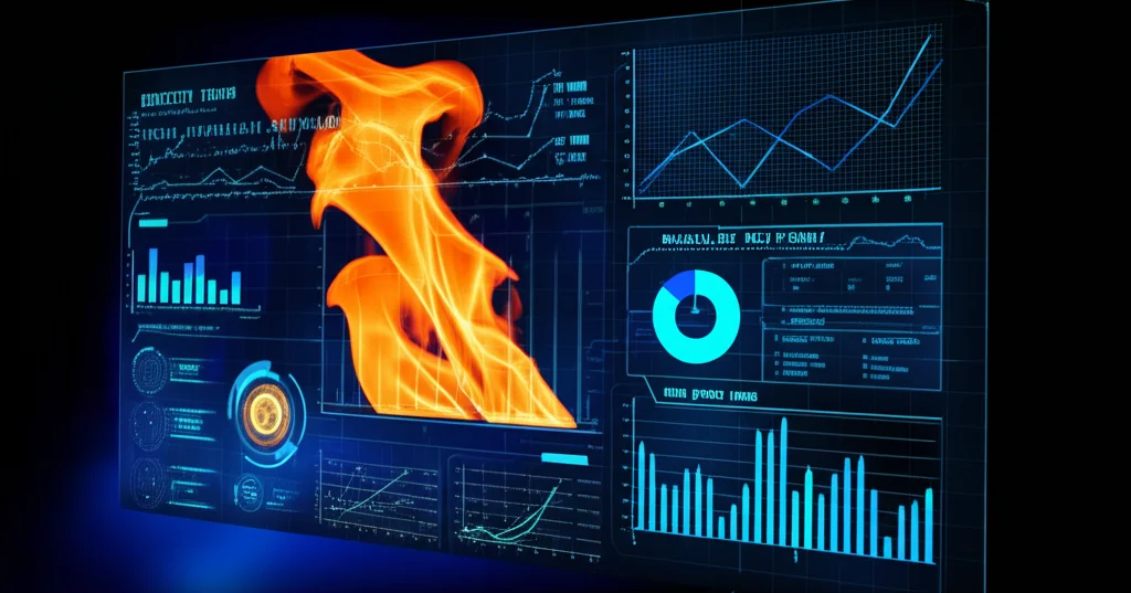 Concetto visivo: Intelligenza Artificiale analizza una fiamma, mostrando dati e grafici su sfondo tecnologico. Lente prime 35mm, depth of field.