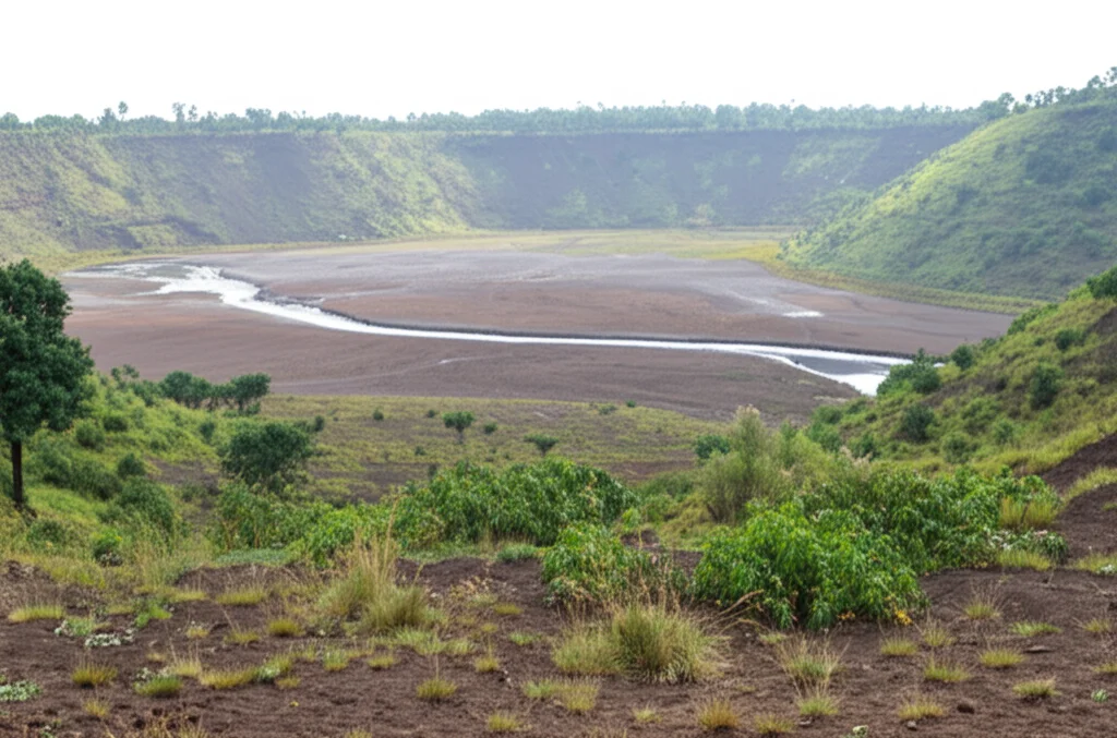 Fotografia paesaggistica grandangolare del bacino del fiume Demie, Etiopia meridionale, durante la stagione secca. Terreno vulcanico con vegetazione verde sparsa, un piccolo corso d'acqua visibile in lontananza, luce solare diffusa, obiettivo 20mm, messa a fuoco nitida, stile fotorealistico.