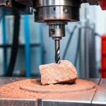 Fotografia realistica di un banco prova SG4500 che perfora un campione di arenaria rossa sotto alta pressione all'interno di una macchina di prova INSTRON 1346 in un laboratorio di geomeccanica. Prime lens, 35mm, depth of field, illuminazione controllata, focus sulla punta del trapano e sulla roccia.