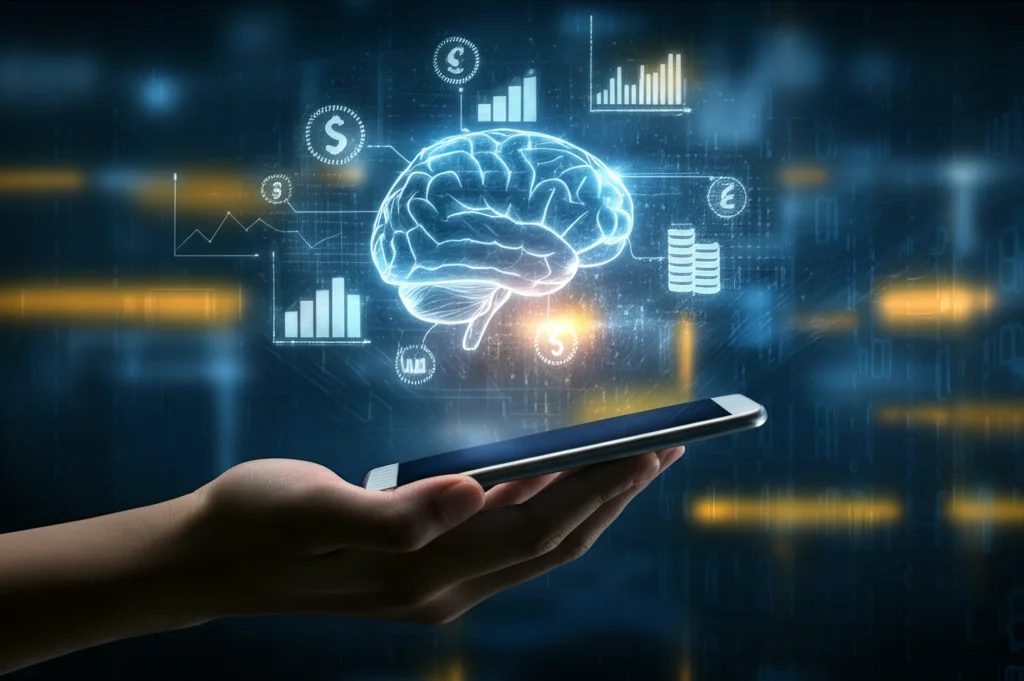 Illustrazione concettuale che mostra una mano che tiene uno smartphone con simboli finanziari digitali luminosi (grafici, monete, icone bancarie) che ne emergono, collegandosi idealmente a un cervello stilizzato e illuminato. Sfondo astratto digitale blu e oro. Obiettivo prime 35mm, colori duotone blu e oro, profondità di campo media per mantenere a fuoco sia la mano che il cervello.