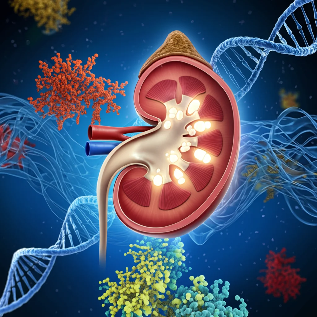 Immagine concettuale che mostra un rene umano stilizzato sezionato, con piccoli calcoli cristallini luminosi che si formano all'interno dei calici renali, sovrapposto a una rete complessa e fluttuante di molecole lipidiche colorate (giallo, blu, rosso) e filamenti di DNA argentati, sfondo blu scuro profondo, illuminazione drammatica laterale, focus selettivo sui calcoli e sui lipidi circostanti, obiettivo macro 100mm, alta definizione.