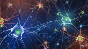 Immagine concettuale di una rete complessa di neuroni sani attaccati da cellule di neuroblastoma (distinguibili per colore o forma), con due agenti terapeutici (simboleggiati da scudi o luci blu e verdi) che lavorano insieme sinergicamente per proteggere i neuroni e distruggere le cellule tumorali. Stile fotorealistico, obiettivo prime 35mm, profondità di campo ridotta per focalizzare l'azione, toni blu e arancio duotone.