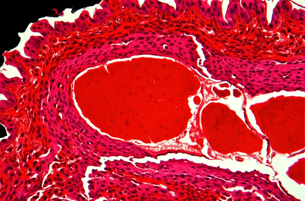 Immagine macro fotorealistica di una sezione trasversale di radice aortica di topo colorata con Oil Red O, che mostra placche aterosclerotiche rosse brillanti all'interno della parete arteriosa. Illuminazione controllata, obiettivo macro 100mm, alta definizione, messa a fuoco precisa sui dettagli della placca.