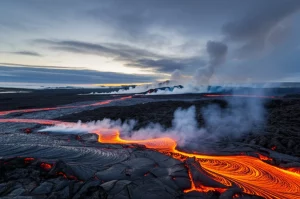 Panoramica del paesaggio vulcanico islandese di Holuhraun durante l'eruzione effusiva del 2014-15, con fiumi di lava incandescente e pennacchi di gas bassi che si dirigono verso l'oceano Artico sotto un cielo nuvoloso al tramonto. Wide-angle lens, 12mm, long exposure, sharp focus sulla lava e le nuvole.