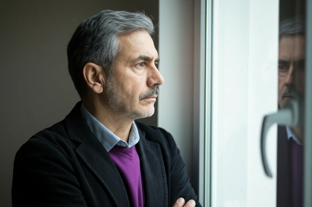 Ritratto con obiettivo a focale fissa 50mm, profondità di campo, di un adulto di mezza età dall'aspetto pensieroso e leggermente affaticato che guarda fuori da una finestra, evocando i sintomi subdoli del deficit di ormone della crescita nell'adulto.