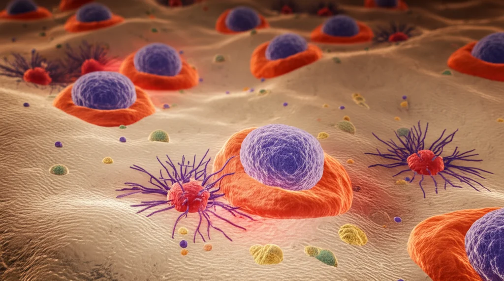 Visualizzazione artistica di un linfonodo umano ingrandito, con diverse cellule immunitarie evidenziate, tra cui neutrofili (in rosso), in un contesto di infiammazione artritica, immagine macro 70mm, alta definizione, illuminazione drammatica per enfatizzare le cellule chiave.