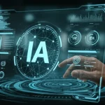 Immagine concettuale di un'intelligenza artificiale rappresentata da linee di luce blu interconnesse che analizza un flusso d'acqua virtuale visualizzato su uno schermo olografico. Dettagli high-tech, illuminazione ambientale soffusa, focus sull'interazione tra IA e dati sull'acqua. Obiettivo prime 35mm, profondità di campo accentuata.