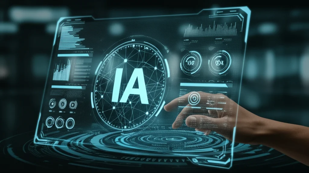 Immagine concettuale di un'intelligenza artificiale rappresentata da linee di luce blu interconnesse che analizza un flusso d'acqua virtuale visualizzato su uno schermo olografico. Dettagli high-tech, illuminazione ambientale soffusa, focus sull'interazione tra IA e dati sull'acqua. Obiettivo prime 35mm, profondità di campo accentuata.