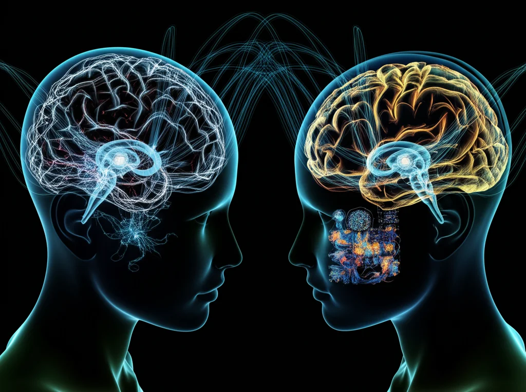 Immagine concettuale fotorealistica che rappresenta la ricerca sul cervello riguardo il riconoscimento facciale e l'autismo. Mostra reti neurali stilizzate che interagiscono con profili di volti, con elementi che suggeriscono sia la struttura cerebrale (corteccia) che la neurodiversità. Prime lens, 35mm, depth of field.