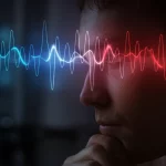 Primo piano fotorealistico di un'onda cerebrale EEG stilizzata, vibrante di colori (dal blu al rosso), sovrapposta a un volto umano dal profilo pensieroso e leggermente ansioso. Illuminazione drammatica stile film noir, obiettivo prime 35mm, profondità di campo che sfoca lo sfondo scuro, mettendo a fuoco l'interazione tra l'onda e l'espressione facciale.