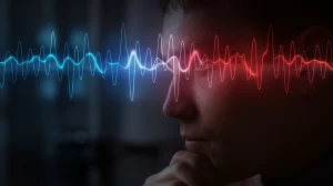 Primo piano fotorealistico di un'onda cerebrale EEG stilizzata, vibrante di colori (dal blu al rosso), sovrapposta a un volto umano dal profilo pensieroso e leggermente ansioso. Illuminazione drammatica stile film noir, obiettivo prime 35mm, profondità di campo che sfoca lo sfondo scuro, mettendo a fuoco l'interazione tra l'onda e l'espressione facciale.
