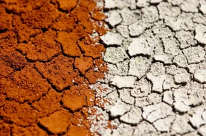 Primo piano macro di due tipi di terreno fianco a fianco in un giardino mediterraneo: uno rossiccio e dall'aspetto sano (rodico), l'altro pallido e screpolato (sbiancato), illuminazione controllata, obiettivo macro 100mm, alta definizione, messa a fuoco precisa.