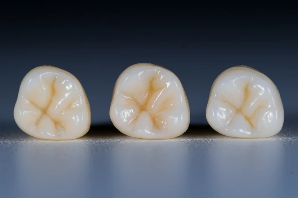Fotografia macro (obiettivo 100mm) di tre molari artificiali per protesi dentaria affiancati su un banco da laboratorio dentistico illuminato professionalmente. Un dente è di tipo convenzionale (PMMA), uno fresato da blocco PMMA, uno stampato in 3D con resina specifica. Alta definizione, focus preciso sulle diverse texture superficiali e sulla resa cromatica iniziale dei tre materiali a confronto.