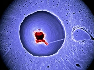 Illustrazione medica dettagliata della vasa corona sulla superficie del midollo spinale, evidenziando un piccolo pseudoaneurisma rotto. Macro lens, 80mm, alta definizione, illuminazione controllata per enfatizzare la struttura vascolare.