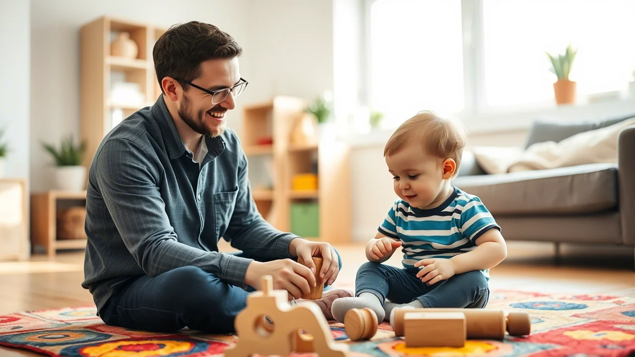 Un professionista dell'intervento precoce, uomo, sorridente, interagisce con un bambino piccolo seduto su un tappeto colorato in un ambiente domestico luminoso, utilizzando giocattoli educativi in legno, fotografia stile reportage, obiettivo 35mm, luce naturale diffusa da una finestra, profondità di campo media.