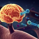 Visualizzazione fotorealistica del cervello umano con aree evidenziate colpite da ictus ischemico, sovrapposte a microparticelle piastriniche (PDMP) stilizzate che circolano nei vasi sanguigni cerebrali. Illuminazione drammatica laterale, focus nitido sulle microparticelle e sui vasi, sfondo scuro e leggermente sfocato, lente macro 85mm per dettaglio.
