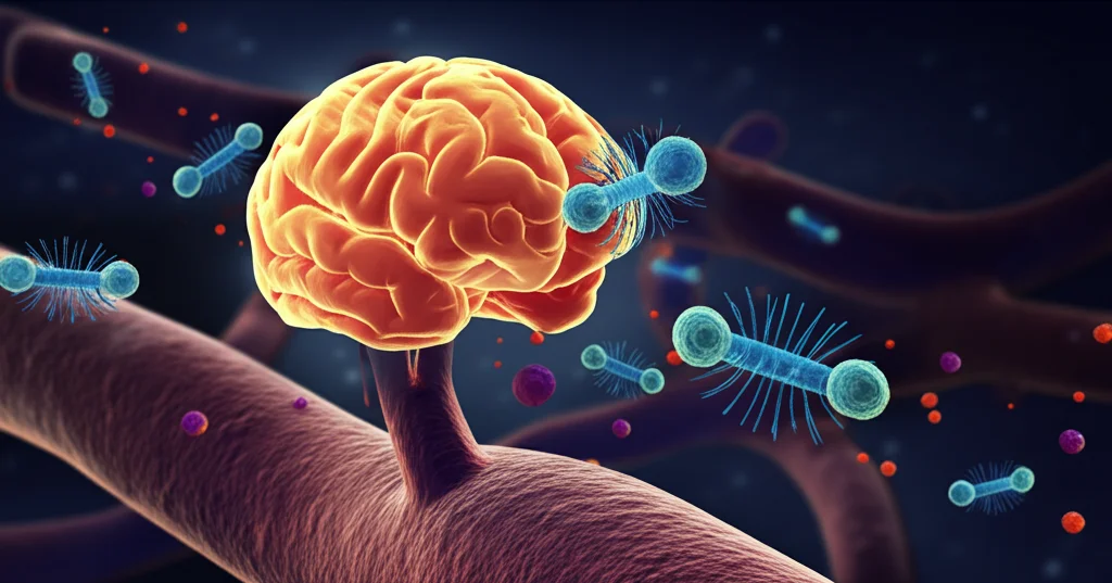 Visualizzazione fotorealistica del cervello umano con aree evidenziate colpite da ictus ischemico, sovrapposte a microparticelle piastriniche (PDMP) stilizzate che circolano nei vasi sanguigni cerebrali. Illuminazione drammatica laterale, focus nitido sulle microparticelle e sui vasi, sfondo scuro e leggermente sfocato, lente macro 85mm per dettaglio.