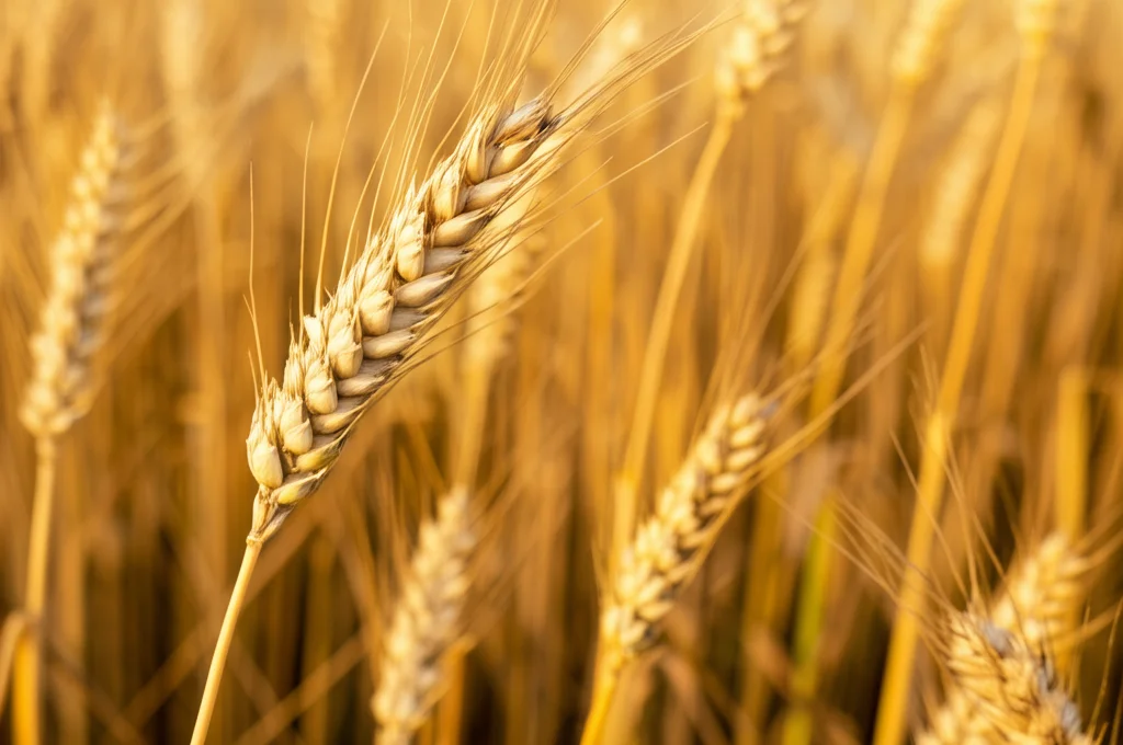 Campo di grano dorato al tramonto, con in primo piano una spiga sana e una visibilmente colpita dalla Fusariosi della spiga (FHB), evidenziando il contrasto tra salute e malattia. Fotografia paesaggistica, obiettivo grandangolare 20mm, luce calda del tardo pomeriggio, messa a fuoco selettiva sulla spiga malata per simboleggiare la minaccia al raccolto.