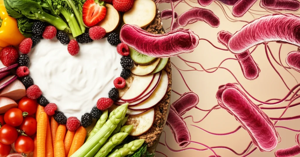 Composizione still life: un cuore stilizzato fatto di cibi sani come frutta, verdura, cereali integrali e yogurt fermentato, accanto a una rappresentazione artistica di batteri intestinali benefici. Macro lens, 100mm, high detail, controlled lighting, colori caldi e invitanti, sfondo neutro.