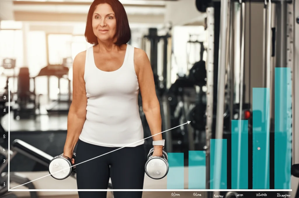 Donna sopravvissuta al cancro al seno che si allena con pesi leggeri in palestra, sullo sfondo sfocato un grafico stilizzato che mostra un miglioramento dell'angolo di fase, luce motivante, obiettivo 35mm, profondità di campo.