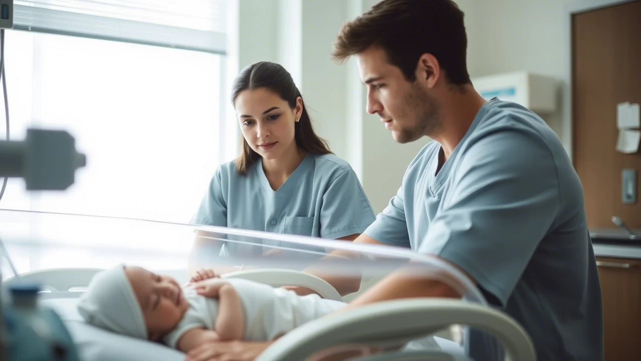 Fotografia di ritratto, una giovane coppia di genitori ascolta attentamente un'infermiera pediatrica accanto all'incubatrice del loro neonato in ospedale, espressioni concentrate ma fiduciose, luce naturale dalla finestra, obiettivo 50mm, profondità di campo media.