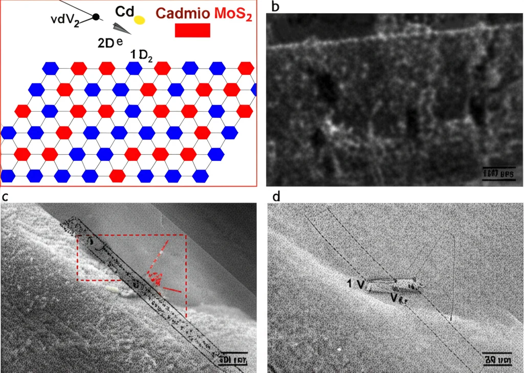 Immagine al microscopio elettronico a trasmissione (STEM) ad alta risoluzione che mostra l'interfaccia atomica perfetta tra uno strato di Cadmio (Cd) metallico 2D e un semiconduttore MoS2, cresciuti tramite epitassia van der Waals a bassa temperatura, evidenziando l'assenza di difetti e la minima distanza vdW, alta definizione, illuminazione controllata.