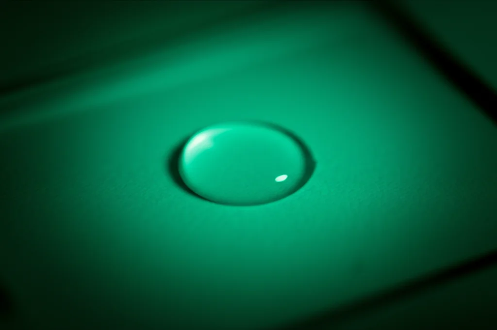 Immagine concettuale di un biosensore colorimetrico: una goccia di campione viene aggiunta a una striscia reattiva o a un pozzetto, provocando un cambiamento di colore visibile da incolore a blu-verde intenso, simboleggiando il rilevamento positivo di Shigella flexneri, stile macro fotografia 60mm, alta definizione, illuminazione drammatica.