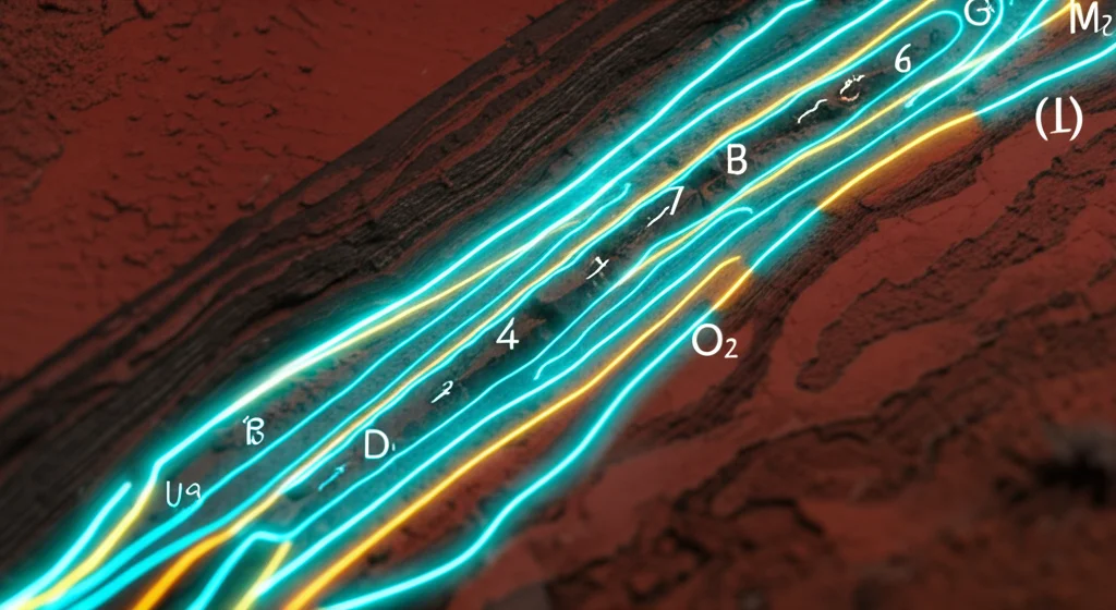 Immagine fotorealistica di un diagramma digitale sovrapposto a una sezione geologica di un giacimento petrolifero, con linee luminose che indicano i percorsi di flusso dell'acqua e del petrolio. Illuminazione controllata, obiettivo macro 90mm, alta definizione, focus nitido sui canali dominanti evidenziati.