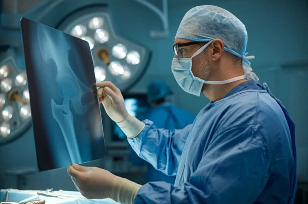Primo piano di un chirurgo ortopedico che esamina una radiografia di un'anca con protesi metallo-su-metallo, luce focalizzata sulla lastra, sfondo sfocato della sala operatoria, obiettivo prime 35mm, profondità di campo, atmosfera concentrata.
