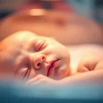 Primo piano di un neonato pretermine tardivo che dorme pacificamente in un'incubatrice ospedaliera, luce soffusa e calda proveniente dall'alto, messa a fuoco precisa sul viso sereno del bambino, lente prime 50mm, profondità di campo ridotta per sfocare lo sfondo, atmosfera calma, protettiva e tecnologica.