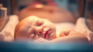 Primo piano di un neonato pretermine tardivo che dorme pacificamente in un'incubatrice ospedaliera, luce soffusa e calda proveniente dall'alto, messa a fuoco precisa sul viso sereno del bambino, lente prime 50mm, profondità di campo ridotta per sfocare lo sfondo, atmosfera calma, protettiva e tecnologica.
