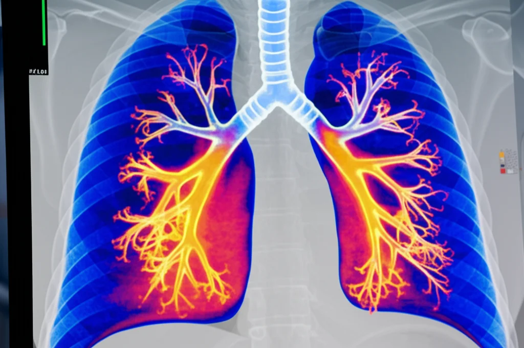 Visualizzazione 3D fotorealistica di polmoni umani con mappe di ventilazione colorate sovrapposte (dal blu/freddo per bassa ventilazione al rosso/caldo per alta ventilazione), generate tramite CTVI senza contrasto, mostrata su uno schermo diagnostico in un ambiente medico high-tech. Macro lens, 85mm, alta definizione, illuminazione da studio medico focalizzata sull'immagine polmonare.