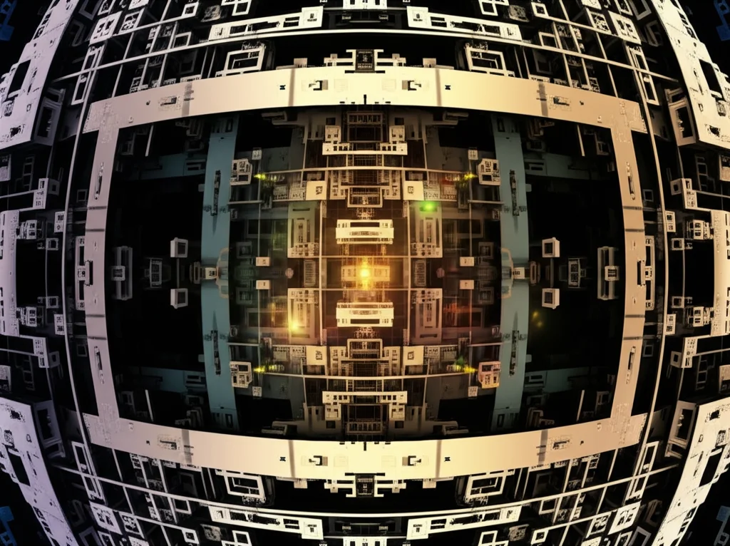 Visualizzazione astratta e artistica di strutture matematiche complesse, con superfici curve e reticoli che si intrecciano nello spazio tridimensionale, evocando le forme modulari e le serie di Eisenstein. Colori metallici e luminosi, illuminazione controllata, obiettivo grandangolare 18mm, messa a fuoco nitida su tutta l'immagine, alto dettaglio.