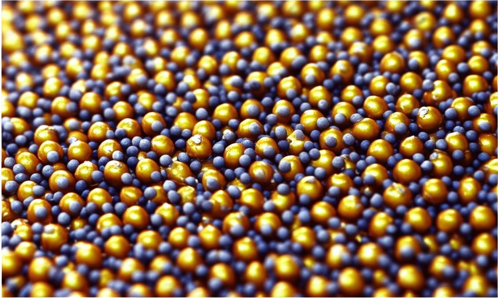 Visualizzazione fotorealistica 3D di nanoparticelle d'oro sferiche (Au-NPs) lucenti ancorate sulla superficie porosa e cristallina di un MOF UiO-66-NH2 modificato con epicloridrina e ciclodestrina. L'illuminazione da laboratorio mette in risalto la complessa struttura tridimensionale e i pori del materiale. Obiettivo macro 80mm, alta definizione, profondità di campo ridotta per focalizzare sulle nanoparticelle.