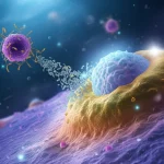 Visualizzazione scientifica astratta di cellule T ingegnerizzate (CAR-T) che interagiscono con una cellula B tumorale, sfondo blu scuro con elementi luminosi viola e gialli, stile fotorealistico, alta definizione, illuminazione da laboratorio simulata.