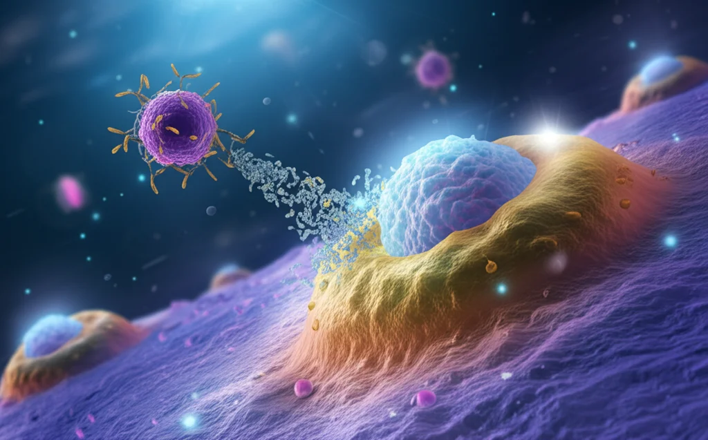 Visualizzazione scientifica astratta di cellule T ingegnerizzate (CAR-T) che interagiscono con una cellula B tumorale, sfondo blu scuro con elementi luminosi viola e gialli, stile fotorealistico, alta definizione, illuminazione da laboratorio simulata.