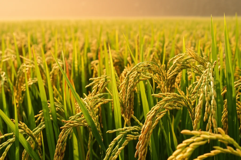 Campo di riso (Oryza sativa) maturo sotto un sole cocente, alcune piante appaiono visibilmente più verdi e robuste di altre, simboleggiando la resilienza e la tolleranza al calore acquisita. Obiettivo macro 90mm, luce naturale intensa ma controllata per non sovraesporre, alta definizione dei chicchi dorati e delle foglie verdi, leggero effetto foschia da calore sullo sfondo.