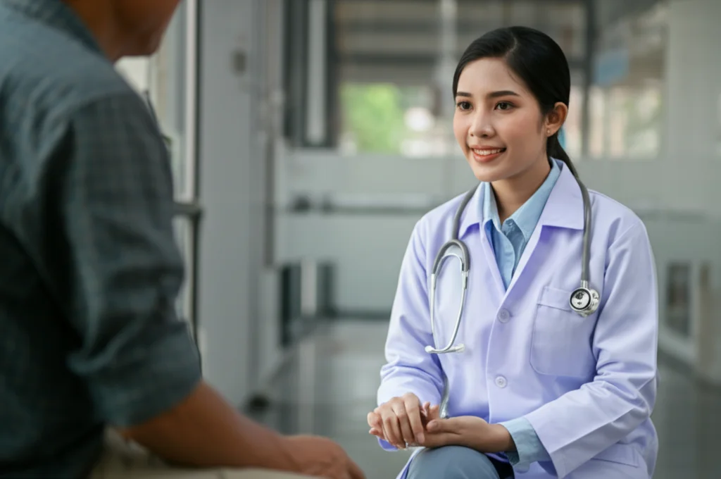 Fotografia di ritratto, medico thailandese donna sui 30 anni ascolta attentamente un paziente anziano in un ambiente clinico moderno e luminoso in Thailandia, obiettivo prime 50mm, profondità di campo che sfoca leggermente lo sfondo, luce naturale calda che entra da una finestra, espressione empatica e professionale del medico.