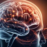 Illustrazione astratta e fotorealistica del cervello umano con linee luminose che rappresentano percorsi neurali che analizzano vettori di movimento (frecce) provenienti da una scena esterna complessa. Effetto duotone blu e arancione, obiettivo 35mm, profondità di campo.