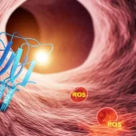 Illustrazione fotorealistica di un vaso sanguigno diabetico con cellule endoteliali danneggiate. In primo piano, la proteina SETD7 è evidenziata mentre interagisce con la cascata p53-FBXO45, portando alla degradazione di GPX4 e all'aumento dello stress ossidativo visibile come particelle ROS. Stile macro, alta definizione, illuminazione drammatica.