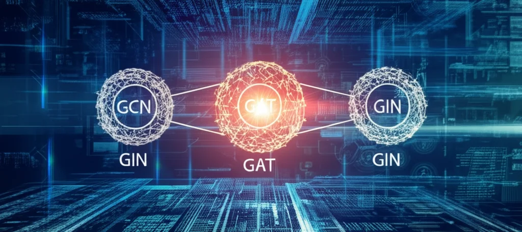 Immagine concettuale fotorealistica che mostra tre diverse reti neurali a grafo (GCN, GAT, GIN) che convergono verso una rappresentazione molecolare unificata e luminosa, simboleggiando l'architettura AURA-LSTM. Macro lens, 100mm, high detail, precise focusing, sfondo astratto high-tech.