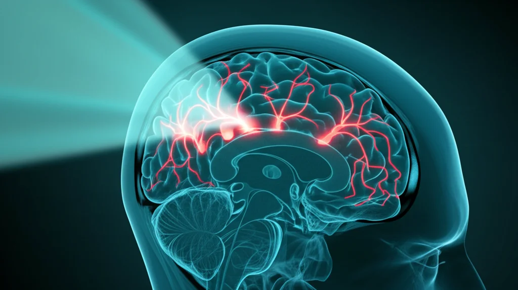 Immagine concettuale fotorealistica del cervello umano con evidenziate in rosso brillante le connessioni anomale di una fistola artero-venosa durale, sovrapposta a un fascio di luce focalizzato simboleggiante la radiochirurgia stereotassica, obiettivo macro 90mm, alta definizione, illuminazione drammatica.