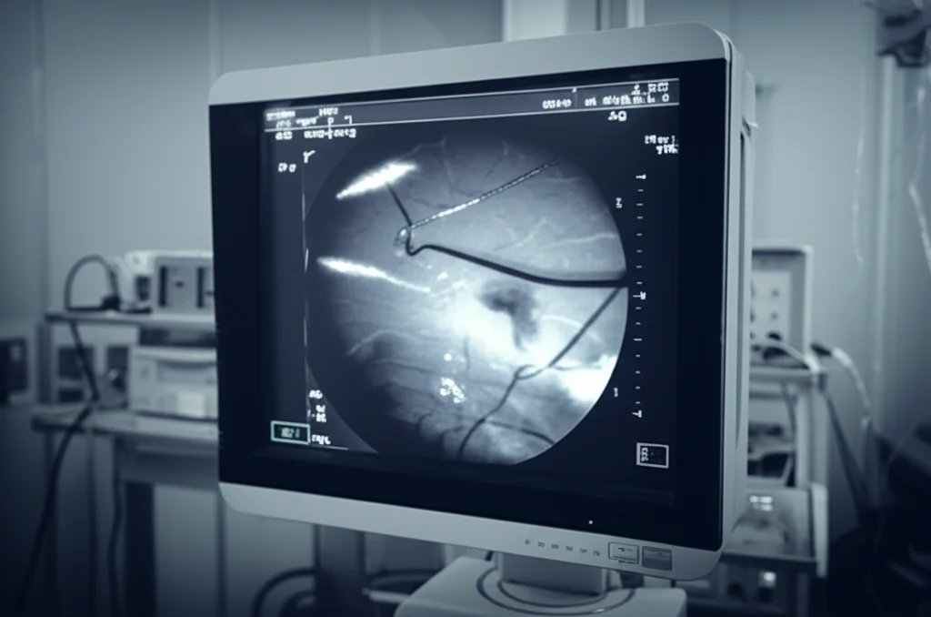 Immagine fotorealistica di una sala di radiologia interventistica. Schermo fluoroscopico in primo piano mostra la pinza da biopsia endovascolare all'interno della vena cava inferiore. Obiettivo prime 35mm, stile film noir, duotone blu e grigio, profondità di campo.