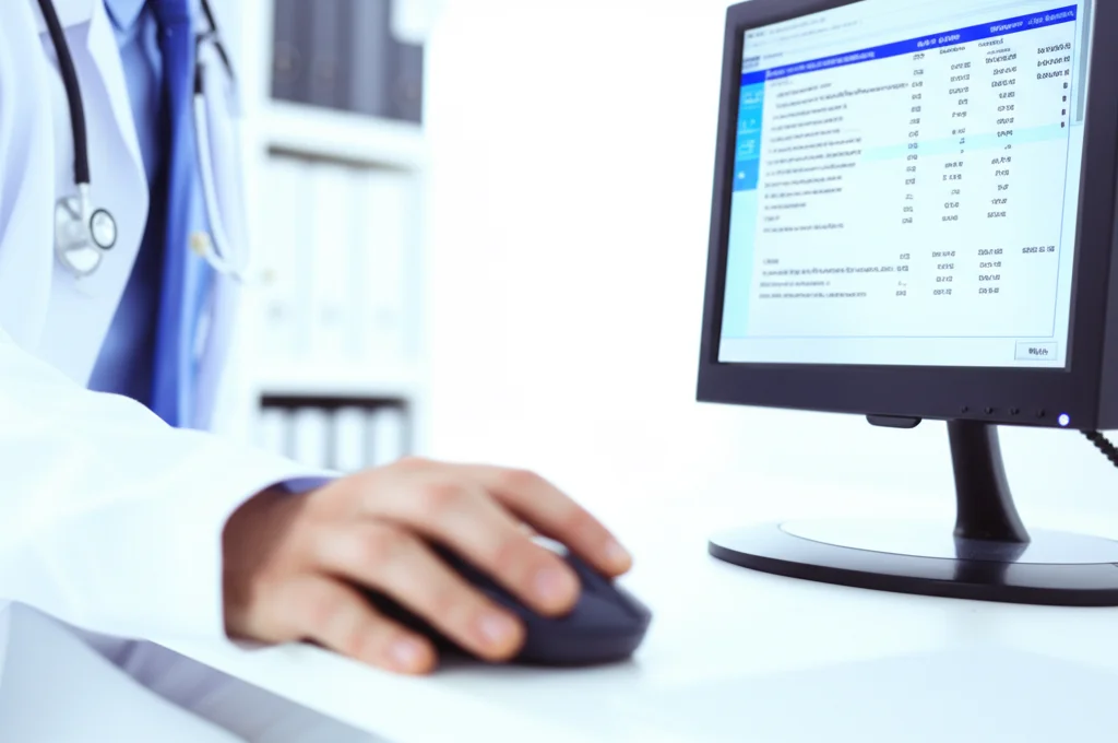 Immagine fotorealistica, obiettivo prime 35mm con profondità di campo, che mostra la mano di un medico che utilizza un mouse su un computer. Sullo schermo è visibile un software di prescrizione elettronica con un elenco di esami di laboratorio e i relativi prezzi evidenziati accanto a ciascuna voce. L'ambiente è un ufficio medico moderno e luminoso. Toni di colore neutri con accenti blu sullo schermo.