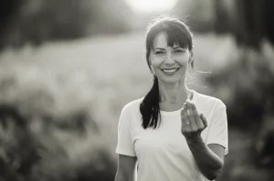 Ritratto fotografico di una donna sorridente e dall'aspetto sano, in piedi all'aperto con il sole che le illumina il viso, tenendo in mano una capsula di vitamina D. Obiettivo 35mm, profondità di campo che sfoca leggermente lo sfondo naturale, tonalità calde e luminose, bianco e nero film.
