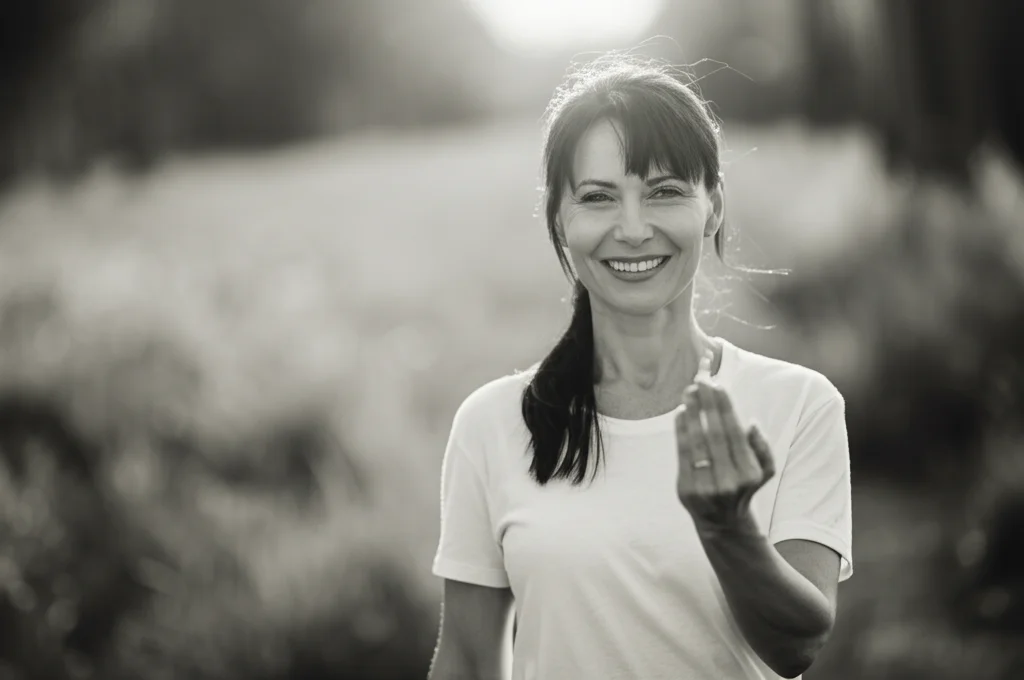 Ritratto fotografico di una donna sorridente e dall'aspetto sano, in piedi all'aperto con il sole che le illumina il viso, tenendo in mano una capsula di vitamina D. Obiettivo 35mm, profondità di campo che sfoca leggermente lo sfondo naturale, tonalità calde e luminose, bianco e nero film.
