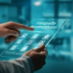 Fotografia realistica di uno specializzando in medicina che utilizza un tablet futuristico per rispondere a domande di valutazione generate dall'IA in un ambiente clinico moderno, focus su schermo e mani, obiettivo prime 35mm, profondità di campo.